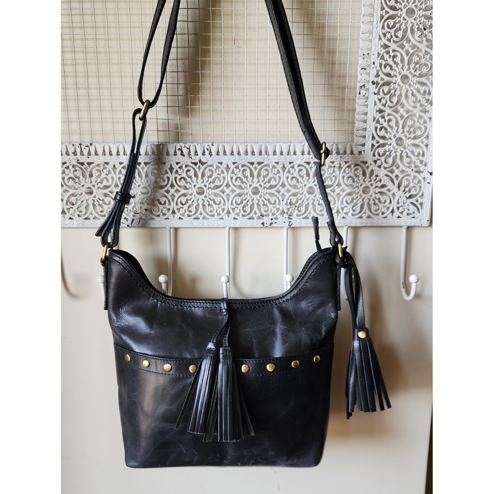 DIBA True Black Leather Tassel Crossbody Bag Gold Studded Boho Purse